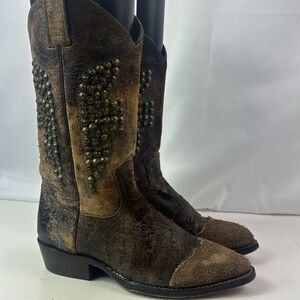 Frye Billy Studded Brown Leather Cowgirl Women's Boots.
